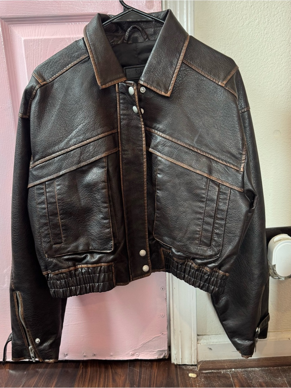 Blank NYC Dark Brown Leather Snap-Front Bomber Jacket